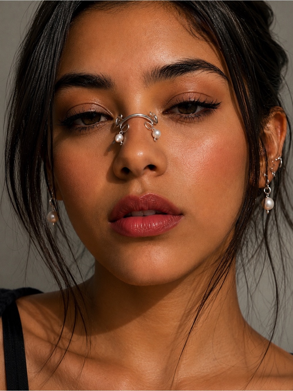 Sterling Silver Faux Nose Cuff with Pearl Drops - Women Accessories